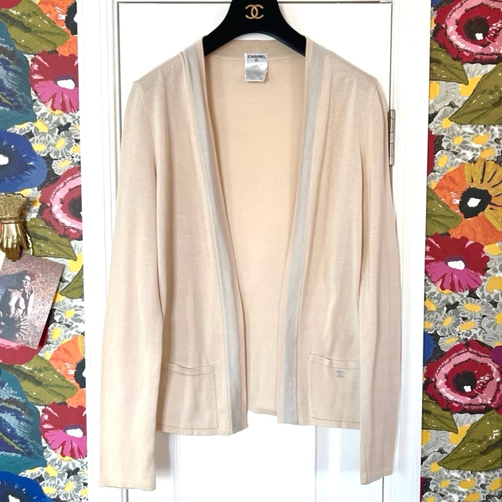 Authentic CHANEL twin set 2 piece long sleeve cardigan ecru beige 100% cotton